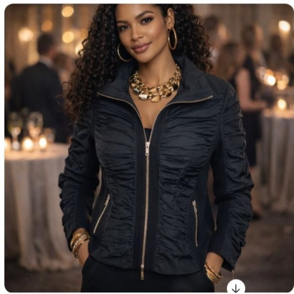 Peter Nygard Black Ruched Zip Front Jacket Women’s Size 12 Stretch Hip Hop Rave